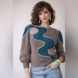 Vintage Hand Knit Angora Blend Abstract Patchwork Sweater Teal Brown S/M